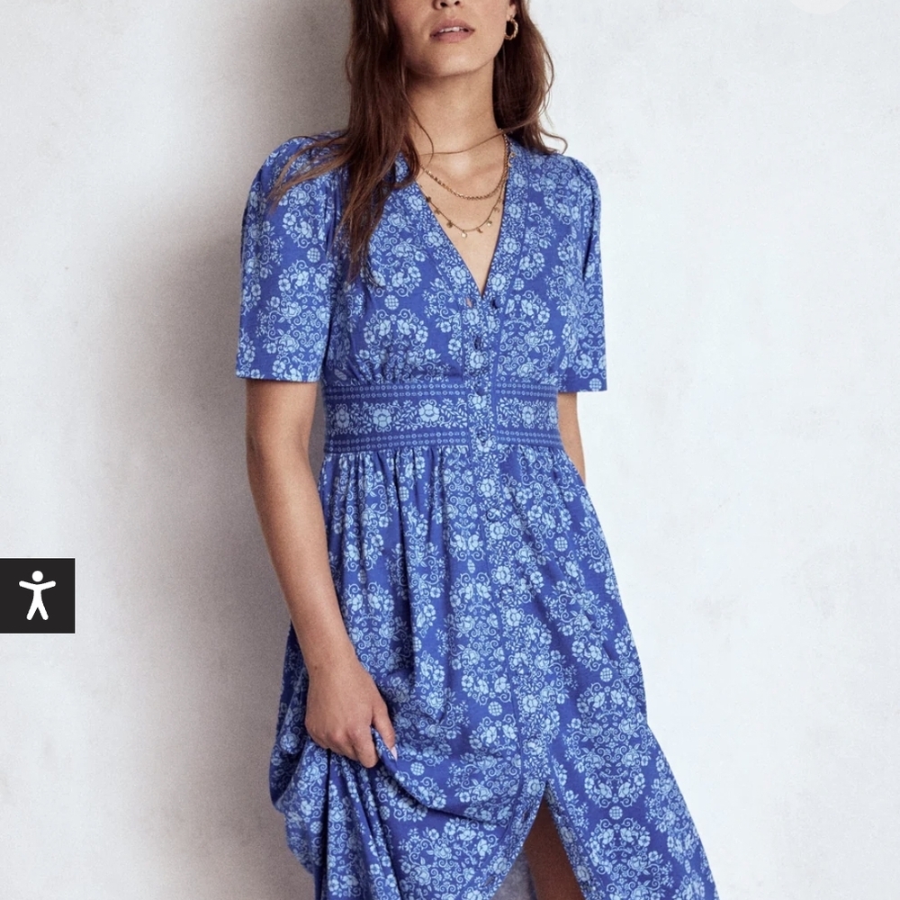 Boden Blue Floral V-Neck Midi Dress - Picture 6 of 9